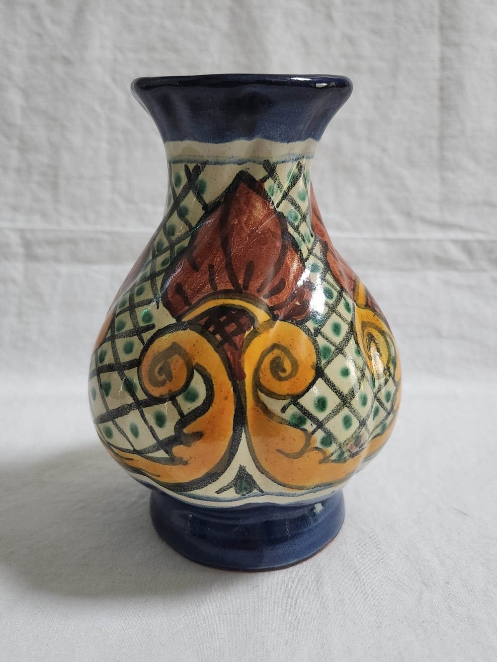 Talavera Pottery Floral Vase in Blue, Yellow and Brown